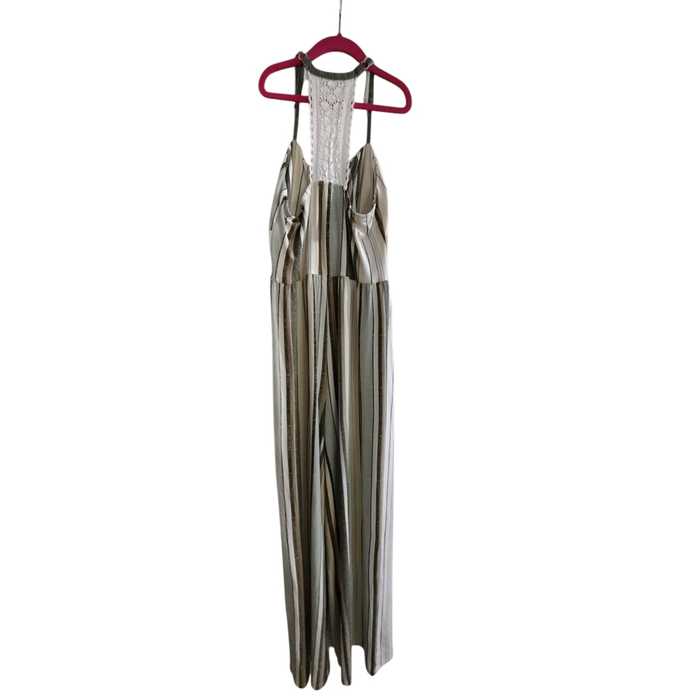EUC Derek Heart Green Tan Super Soft Striped Halter Jumpsuit With Lace Medium - Picture 3 of 5
